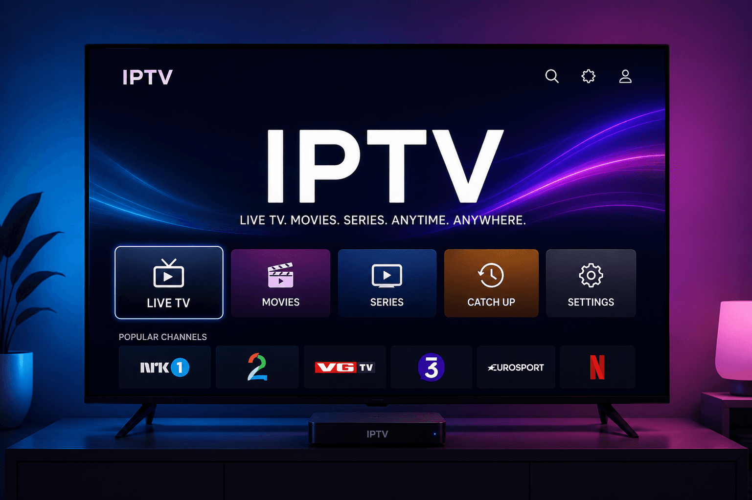 IPTV setup on a television with organized channels, streaming controls, and electronic program guide